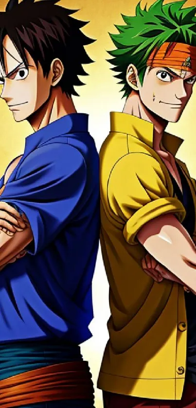 Dynamic anime duo with vibrant colors on mobile wallpaper.