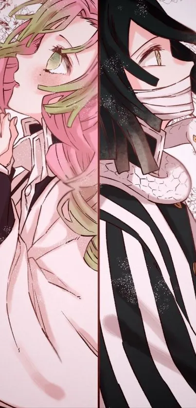 Anime duo illustrated wallpaper with distinct designs.