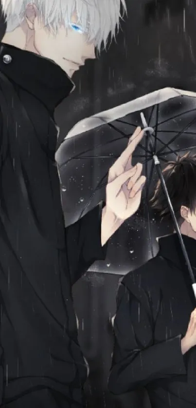 Two anime characters with umbrellas in a rainy scene, stylish and mysterious.