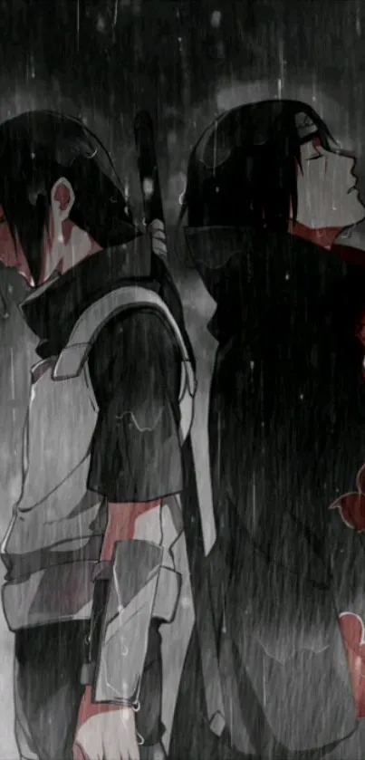 Anime characters standing back to back in the rain, dark theme.