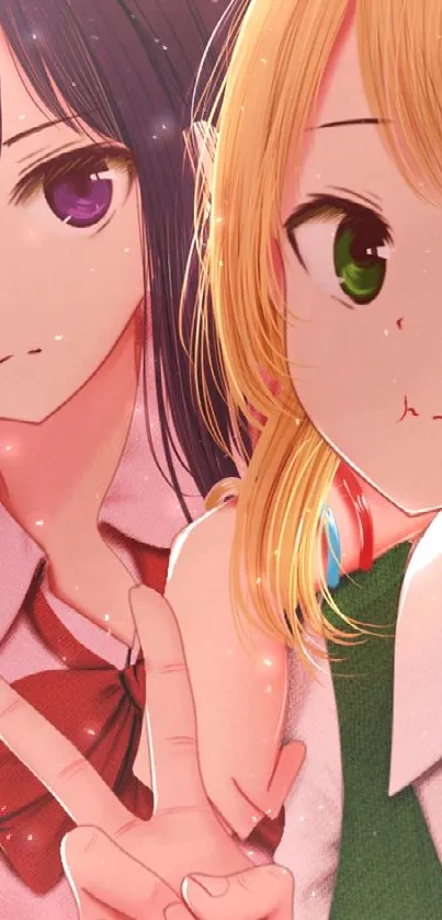 Anime duo with expressive eyes and colorful attire, perfect for phone wallpaper.