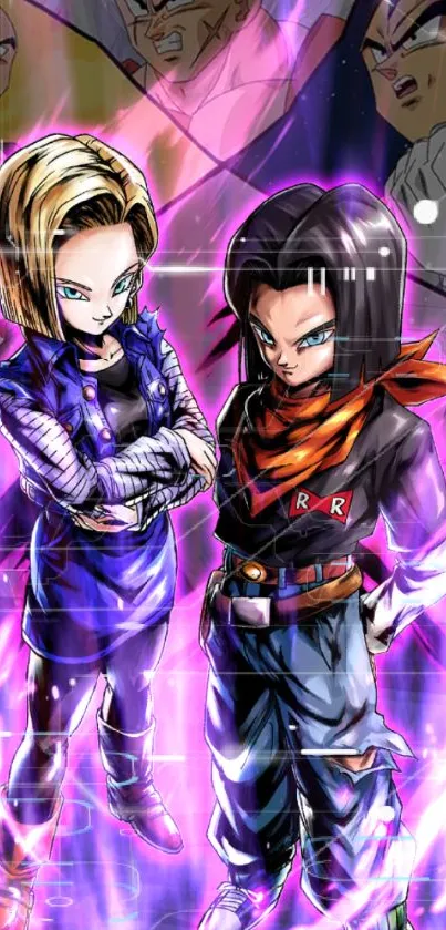 Anime duo with vibrant purple energy.