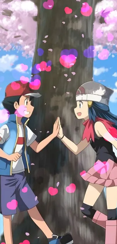 Anime duo high-fives under pink cherry blossoms.