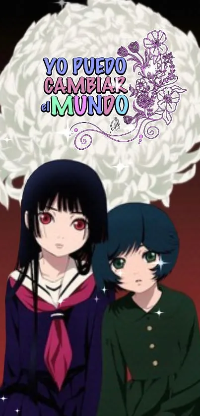 Anime duo with floral design and inspiring text.