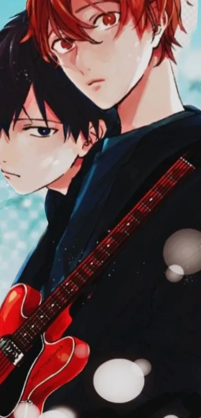 Anime duo playing a red guitar with expressive art and vibrant colors.