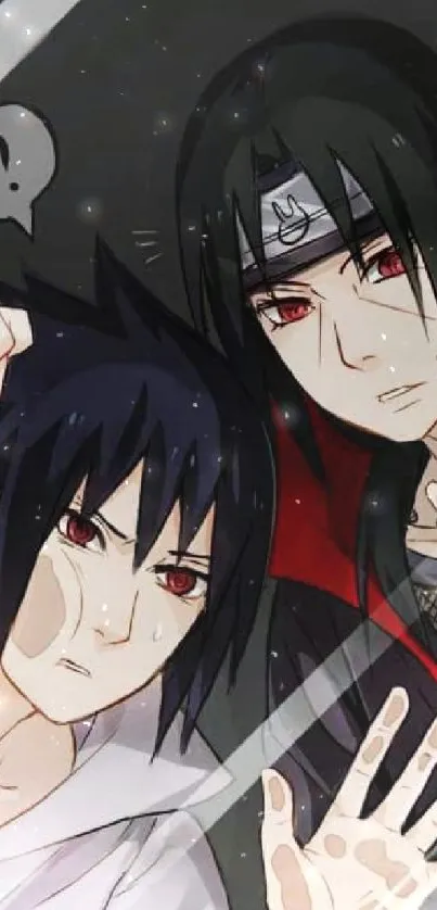 Anime duo with red eyes staring through glass.