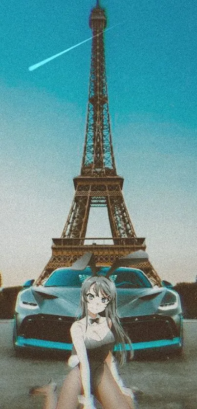 Anime character, car, and Eiffel Tower art on a blue gradient mobile wallpaper.