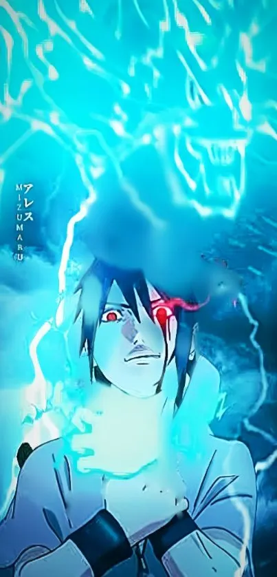 Anime character with electric blue aura and energy effects.