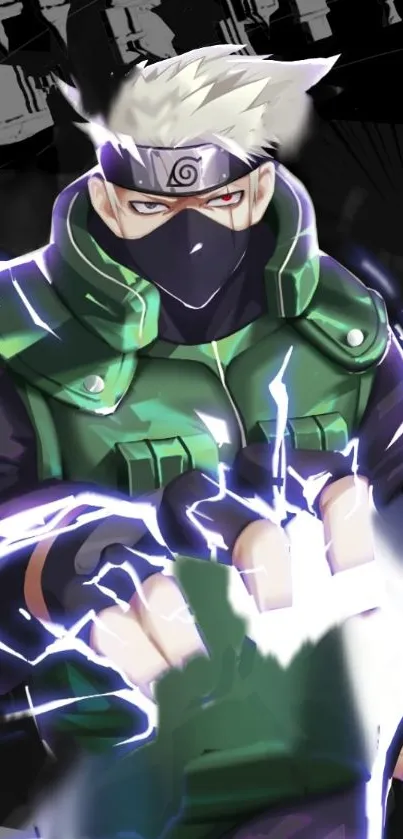 Anime ninja with lightning powers in dark green suit.