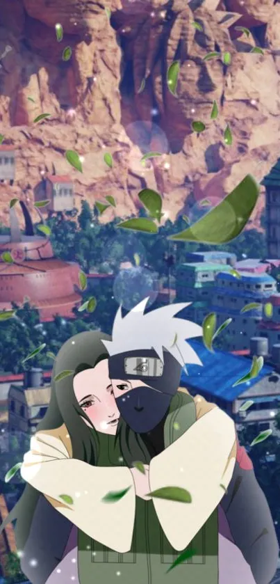 Anime characters embrace with a scenic village backdrop.