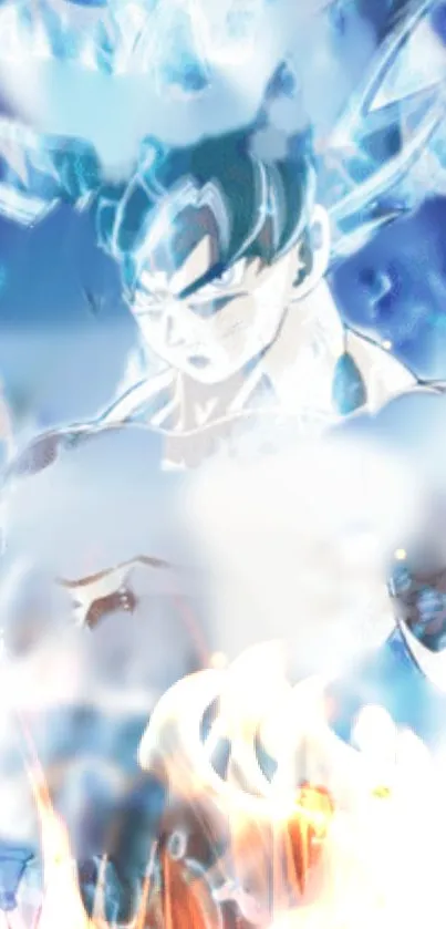 Anime character with intense energy aura and blue-white dynamic tones.