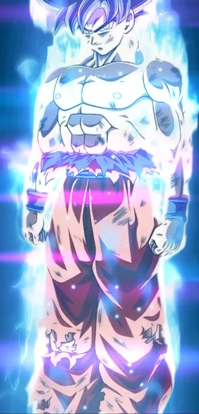 Anime character with glowing energy aura in vibrant blue hues.