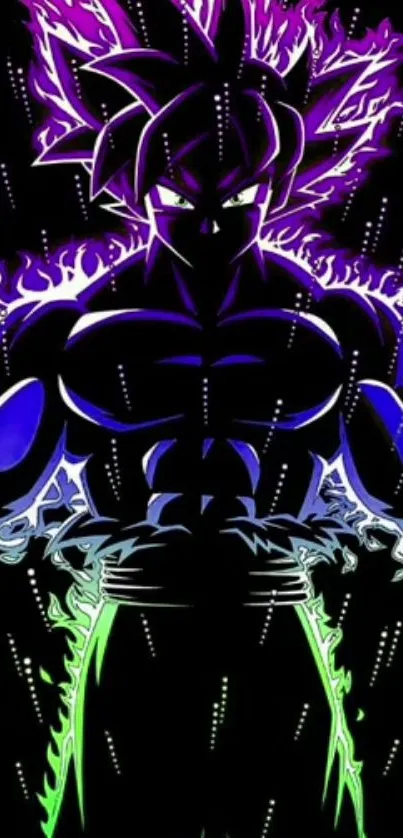 Anime character with dynamic energy aura in purple and green colors.