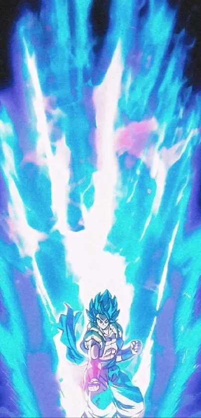 Anime character with intense blue energy aura, standing in dynamic pose.