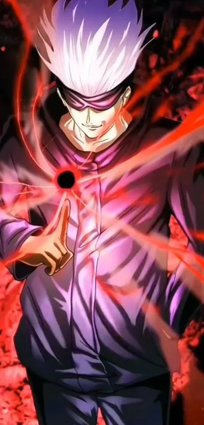 Anime character with energy burst in red and violet theme.