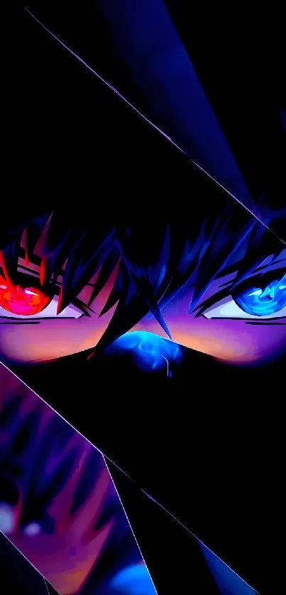 Dark anime wallpaper with red and blue eyes, featuring artistic design.