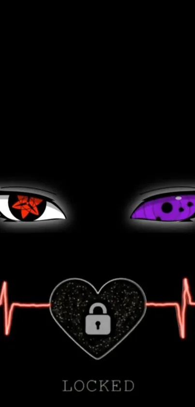 Dark anime eyes wallpaper with heart lock and EKG line.