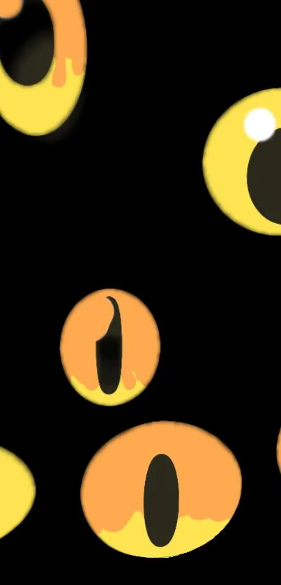 Mobile wallpaper with anime style yellow and orange eyes on a black background.