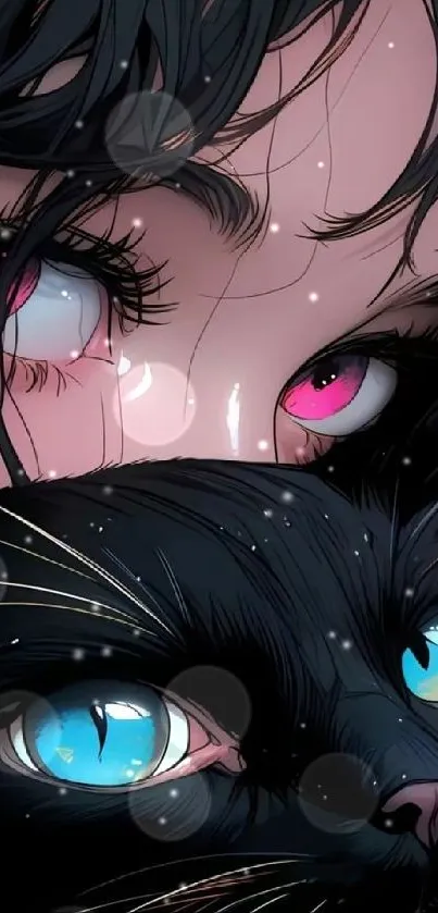 Anime character with pink eyes and a black cat with blue eyes.