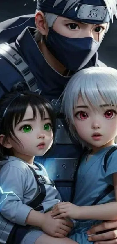 Anime character with children in fantasy setting.