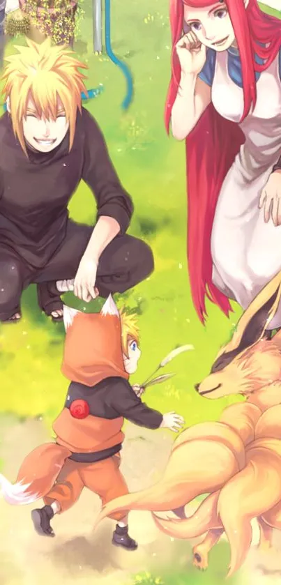 Anime family and pet in a vibrant garden scene.