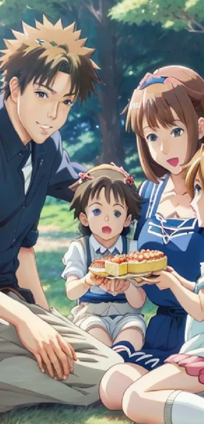 Anime family enjoying a picnic outdoors in a lush green setting.