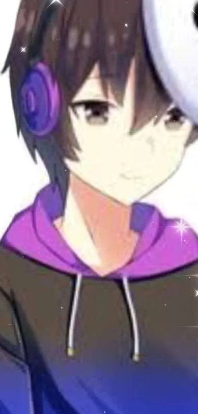 Anime character in purple hoodie with sparkly background.