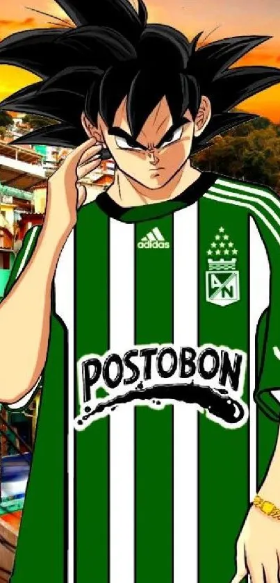 Anime character in a soccer jersey with urban city background.