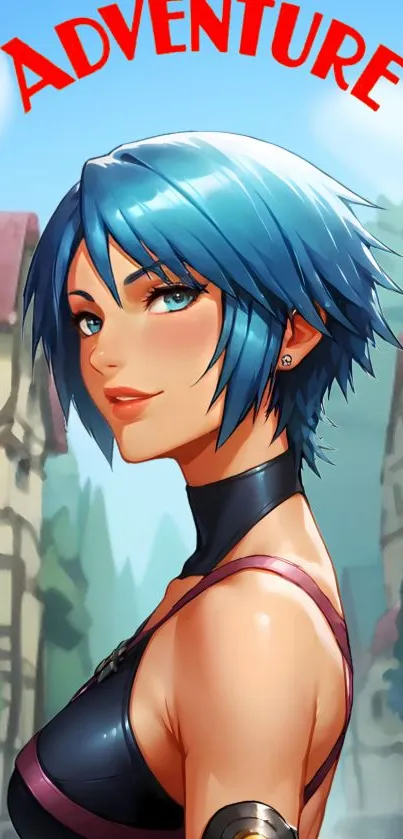 Anime character with blue hair on adventure wallpaper.