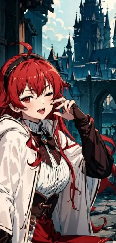 Anime character with red hair in front of a fantasy castle scene.