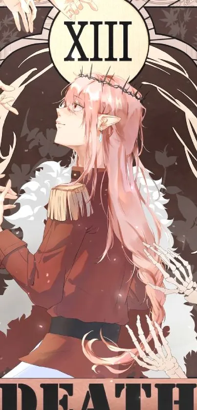 Anime character with pink hair and regal attire in a mystical design.