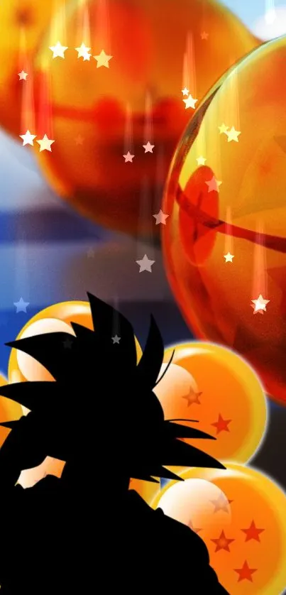Anime dragon spheres with silhouette and orange theme on mobile wallpaper.