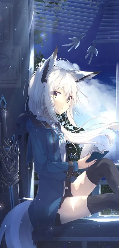 Fox-eared anime girl sits by a window with a fantasy city view.