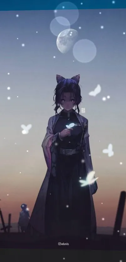 Anime girl under moonlight with butterflies and a magical night sky.