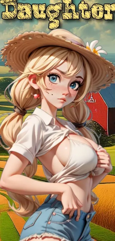 Anime farm girl with hat in a picturesque landscape.