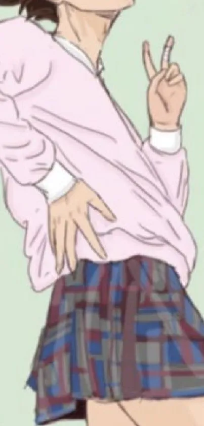 Anime girl in pink sweater and plaid skirt with peace sign.