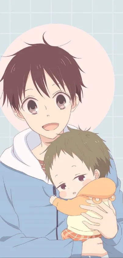 Anime father holds child with pastel blue background.