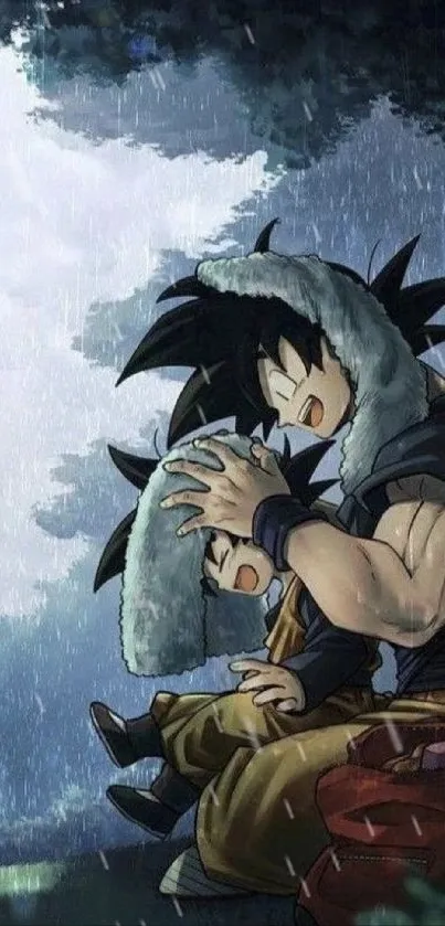 Anime father and son sit under a tree in the forest on a rainy day.