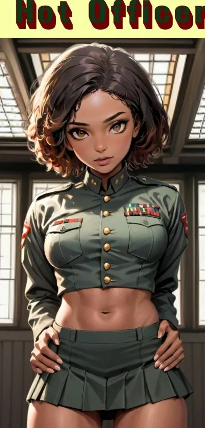 Anime-style female officer in a green uniform, exuding confidence and style.