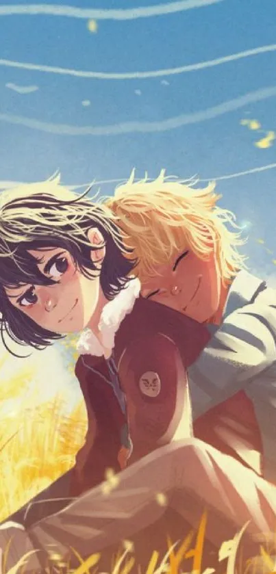 Anime characters hugging in a sunny field, creating a warm and serene atmosphere.