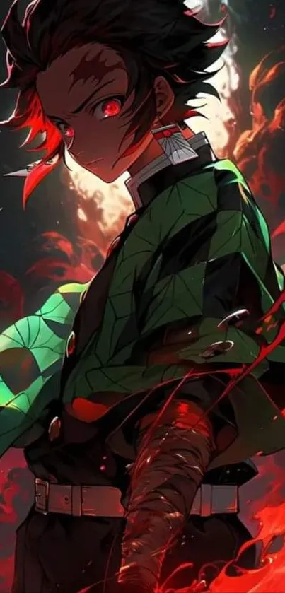 Anime character with fiery background and green outfit.