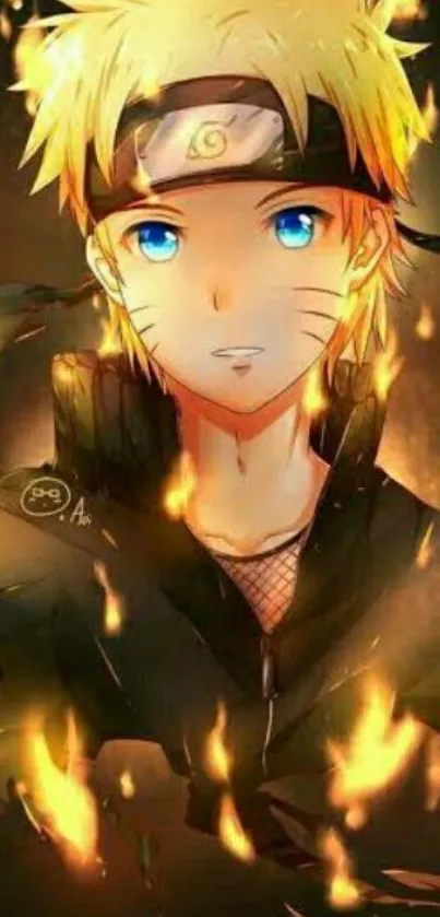 Anime character with fiery background close-up.