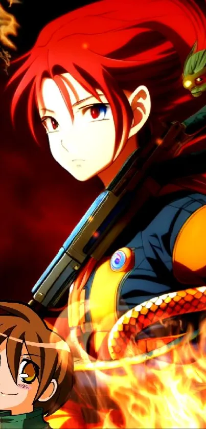 Red-haired anime warrior with flames and bold design.