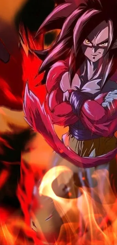 Vibrant anime warrior engulfed in dynamic red flames on a mobile wallpaper.