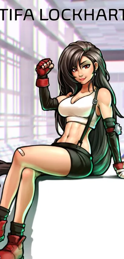 Anime fighter character sitting confidently in a vibrant digital setting.