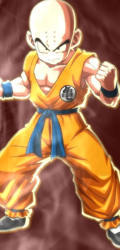 Anime character in orange gi on maroon background.