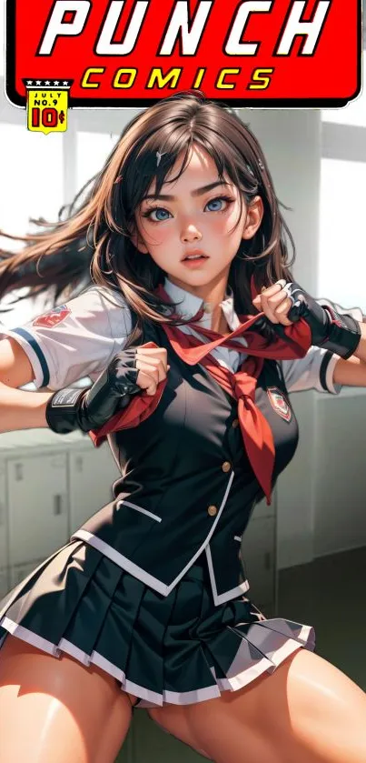 Anime schoolgirl fighter in a classroom with vibrant colors.