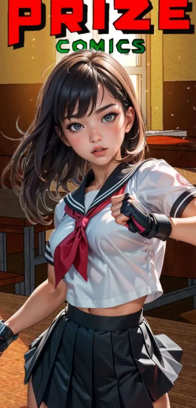 Anime schoolgirl fighter in comic style art with a dynamic pose.