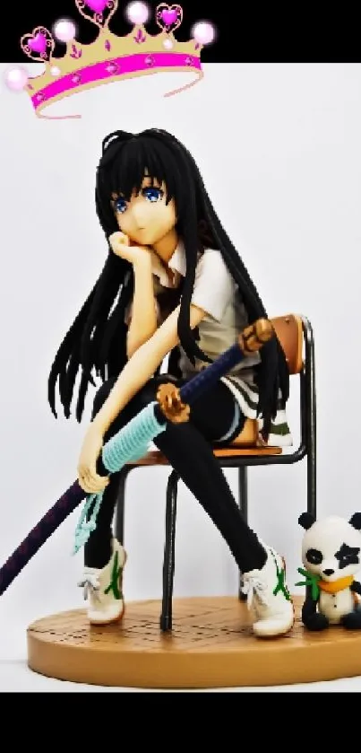 Anime figure with sword and panda on chair, minimalist design.