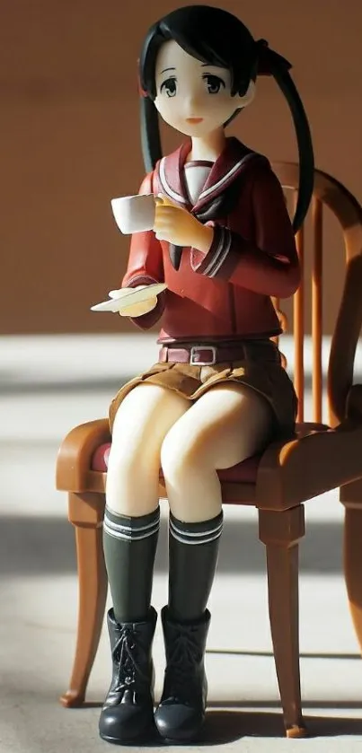 Anime figure sitting on a chair with coffee, warm lighting.